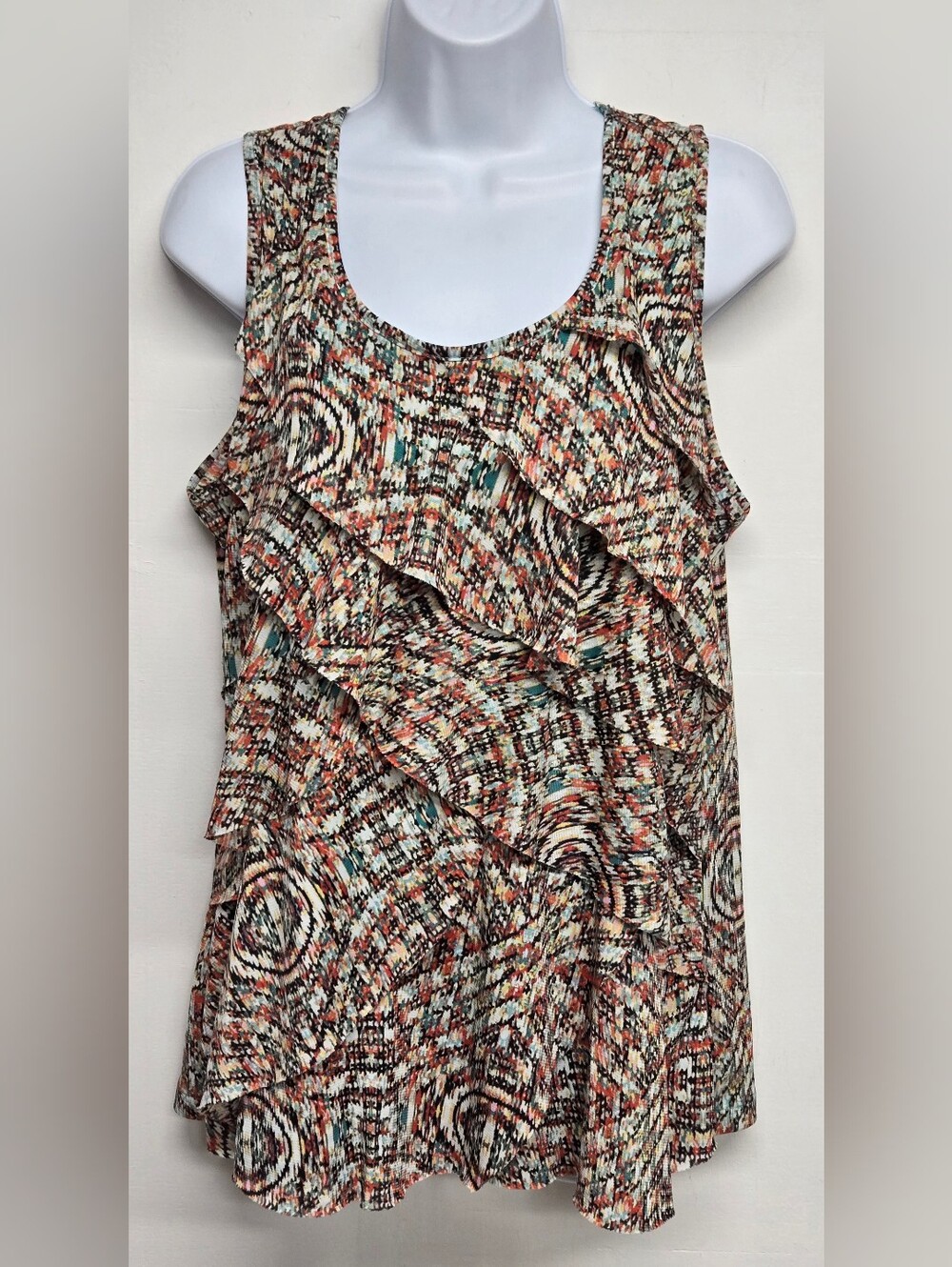 Roz & Ali XL Top Pullover Scoop Neck Sleeveless Tiered Stretch Colorful Ruffle